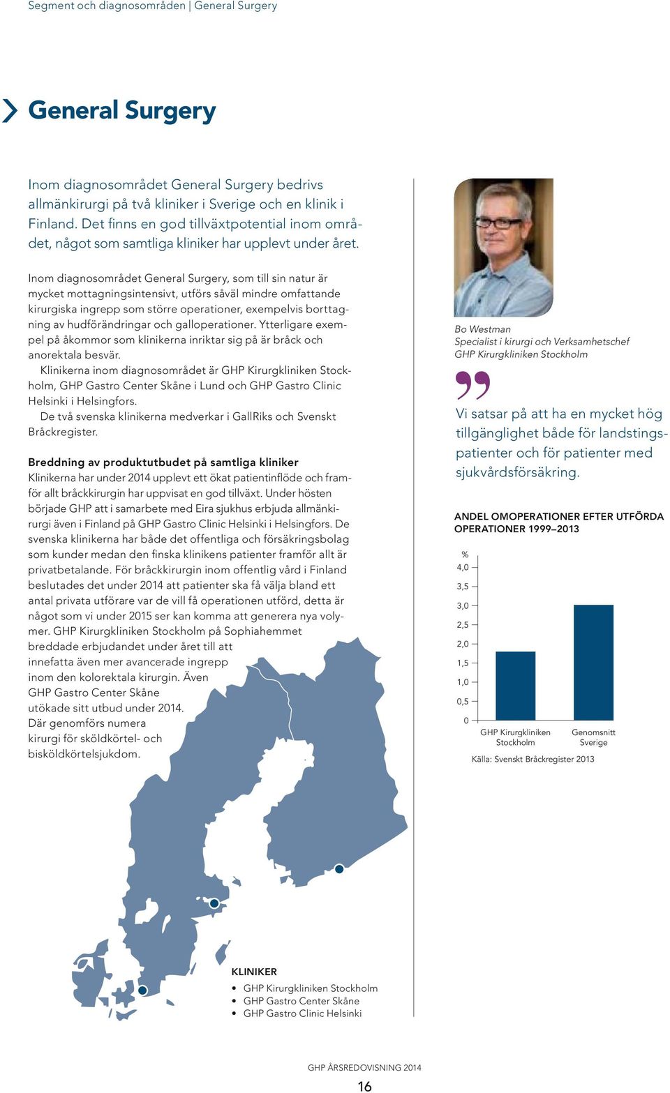 Inom diagnosområdet General Surgery, som till sin natur är mycket mottagningsintensivt, utförs såväl mindre omfattande kirurgiska ingrepp som större operationer, exempelvis borttagning av