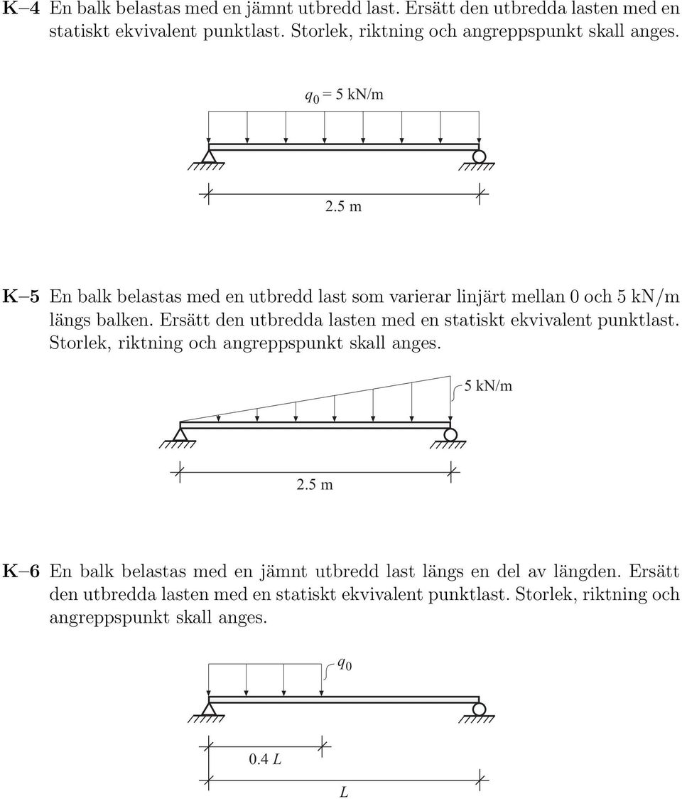 5 m K 5 En balk belastas med en utbredd last som varierar linjärt mellan 0 och 5 kn/m längs balken.