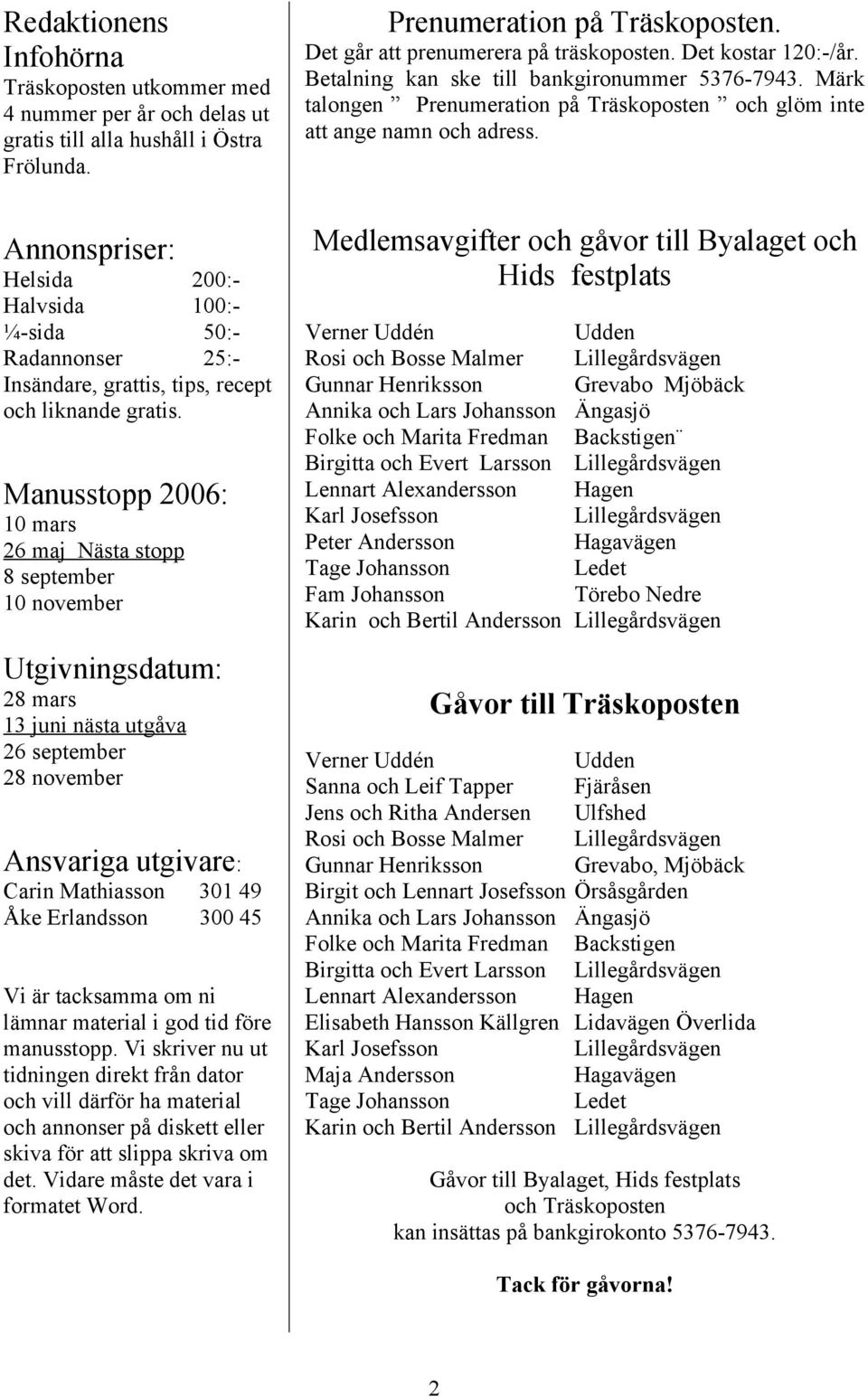 Manusstopp 2006: 10 mars 26 maj Nästa stopp 8 september 10 november Det går att prenumerera på träskoposten. Det kostar 120:-/år. Betalning kan ske till bankgironummer 5376-7943.