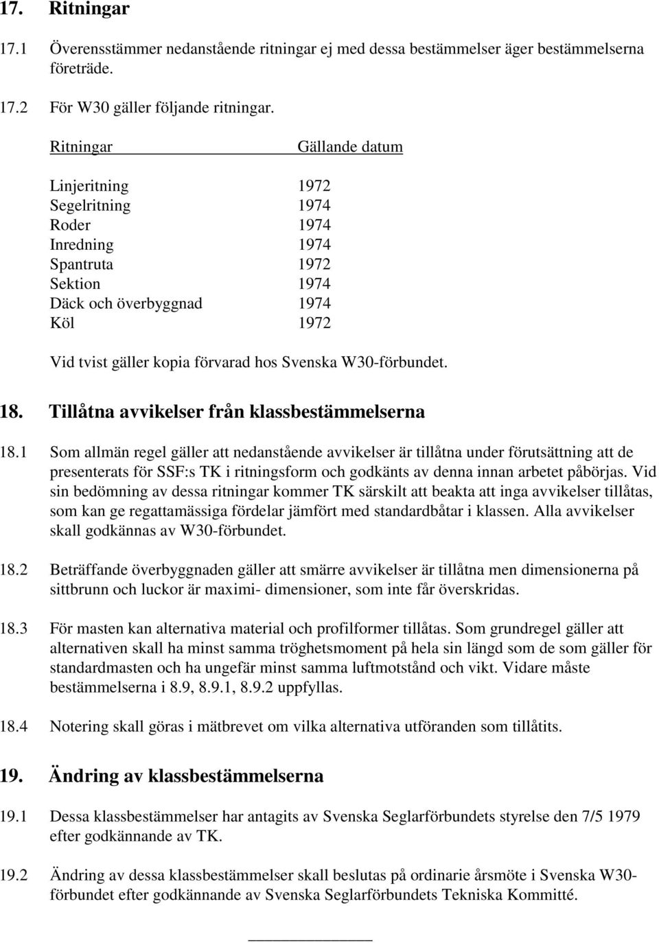 W30-förbundet. 18. Tillåtna avvikelser från klassbestämmelserna 18.