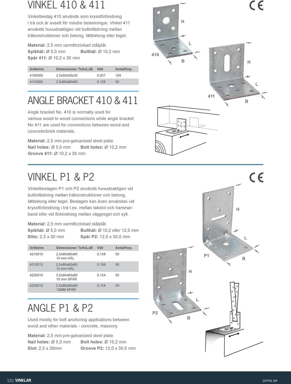 ulthål: Ø 10,2 mm Spår 411: Ø 10,2 x 30 mm 410 Artikelnr. Dimensioner Txxx Vikt Antal/förp. 4100000 2,5x50x50x35 0,057 100 4110000 2,5x60x60x60 0,126 50 ANGE RACKET 410 & 411 Angle bracket No.