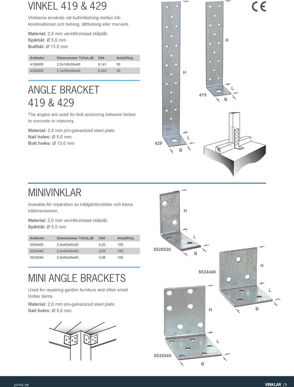 Material: 2,0 mm pre-galvanized steel plate. olt holes: Ø 13,0 mm 429 MINIVINKAR Avsedda för reparation av trädgårdsmöbler och klena trädimensioner. Material: 2,0 mm varmförzinkad stålplåt. Artikelnr.