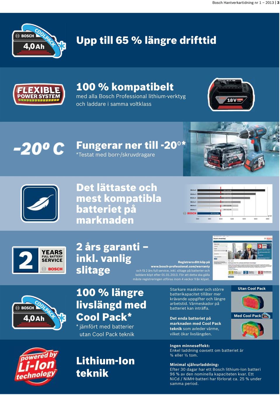 580 600 620 640 660 680 YEARS FULL BATTERY SERVICE 2 års garanti inkl. vanlig slitage 100 % längre livslängd med Cool Pack* * jämfört med batterier utan Cool Pack teknik Registrera ditt köp på www.