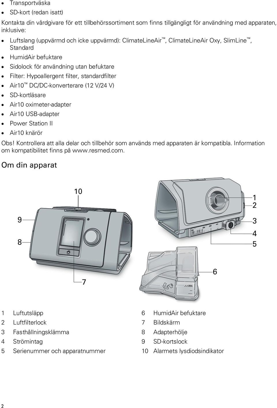 SD-kortläsare Air10 oximeter-adapter Air10 USB-adapter Power Station II Air10 knärör Obs! Kontrollera att alla delar och tillbehör som används med apparaten är kompatibla.