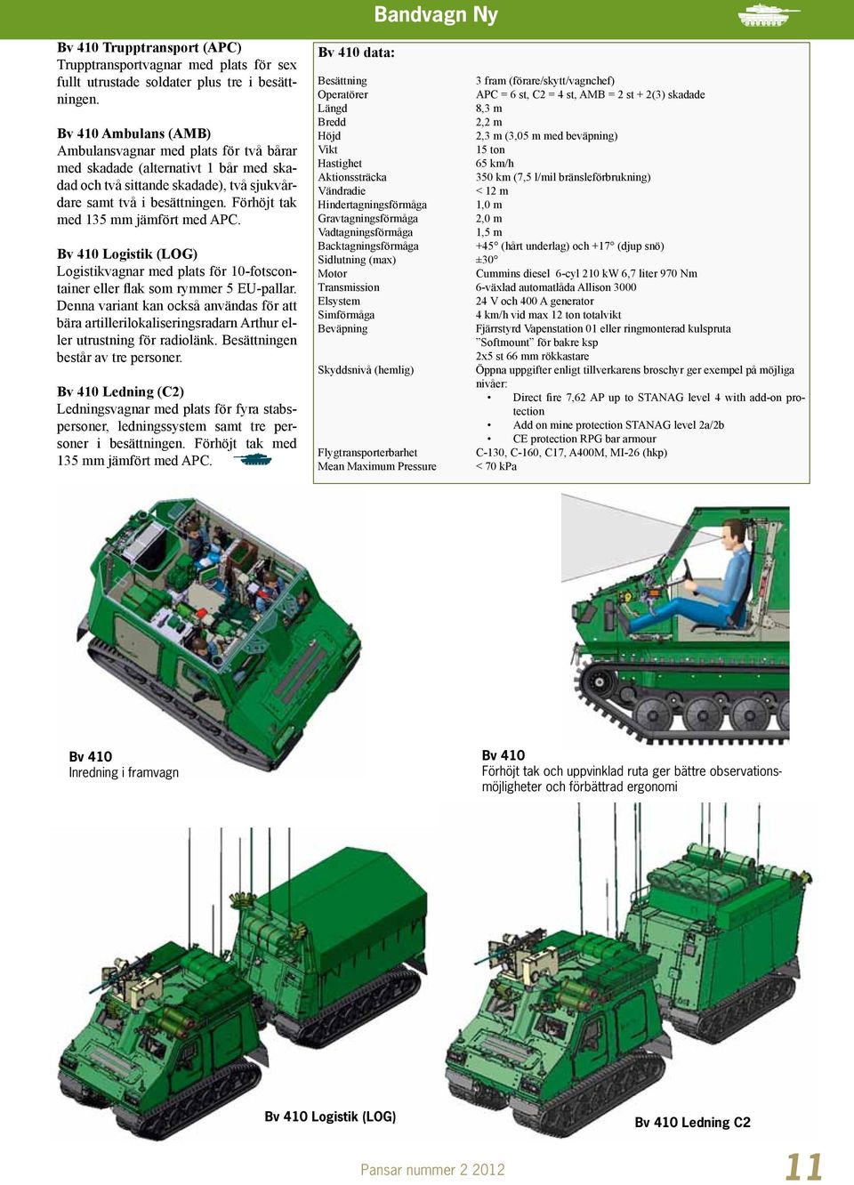 Förhöjt tak med 135 mm jämfört med APC. Bv 410 Logistik (LOG) Logistikvagnar med plats för 10-fotscontainer eller flak som rymmer 5 EU-pallar.