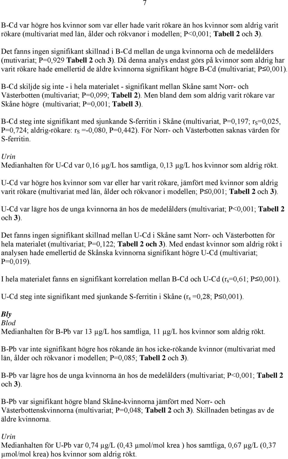 Då denna analys endast görs på kvinnor som aldrig har varit rökare hade emellertid de äldre kvinnorna signifikant högre B-Cd (multivariat; P 0,001).