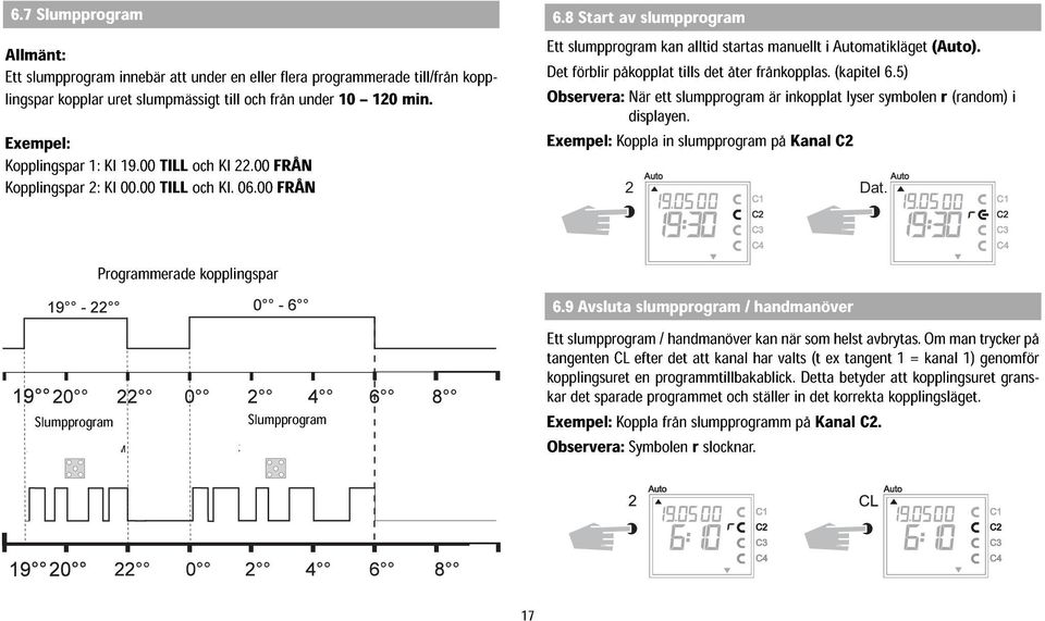 8 Start av slumpprogram Ett slumpprogram kan alltid startas manuellt i Automatikläget (Auto). Det förblir påkopplat tills det åter frånkopplas.(kapitel 6.5) Observera:När displayen.