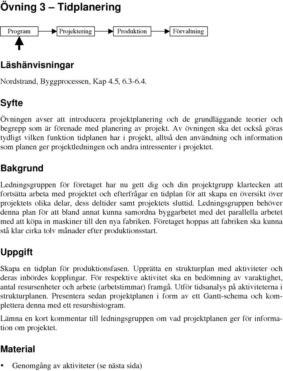 Av övningen ska det också göras tydligt vilken funktion tidplanen har i projekt, alltså den användning och information som planen ger projektledningen och andra intressenter i projektet.