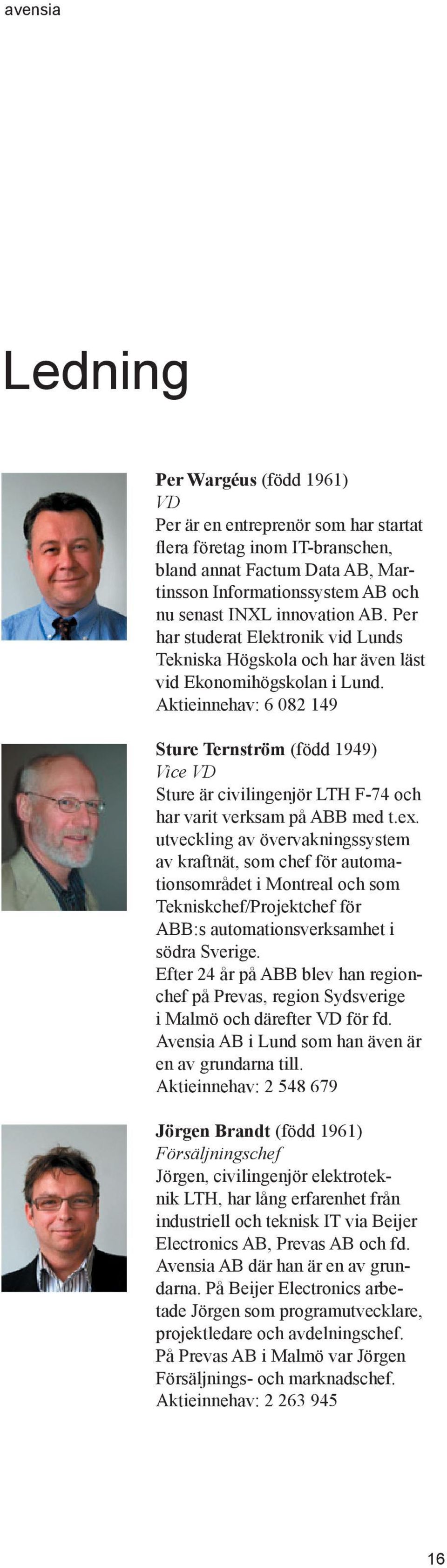 Aktieinnehav: 6 082 149 Sture Ternström (född 1949) Vice VD Sture är civilingenjör LTH F-74 och har varit verksam på ABB med t.ex.