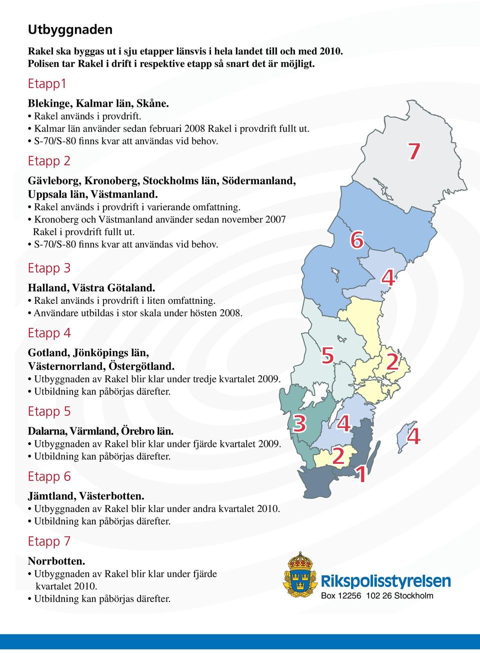 Etapp 2 Gävleborg, Kronoberg, Stockholms län, Södermanland, Uppsala län, Västmanland. Rakel används i provdrift i varierande omfattning.