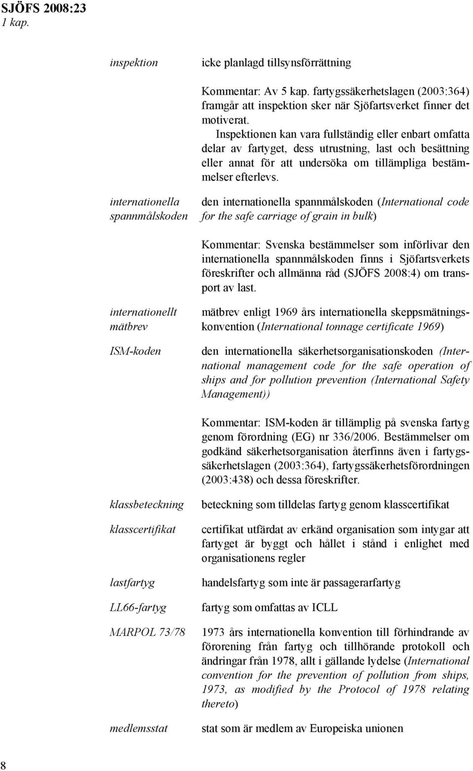internationella spannmålskoden den internationella spannmålskoden (International code for the safe carriage of grain in bulk) Kommentar: Svenska bestämmelser som införlivar den internationella