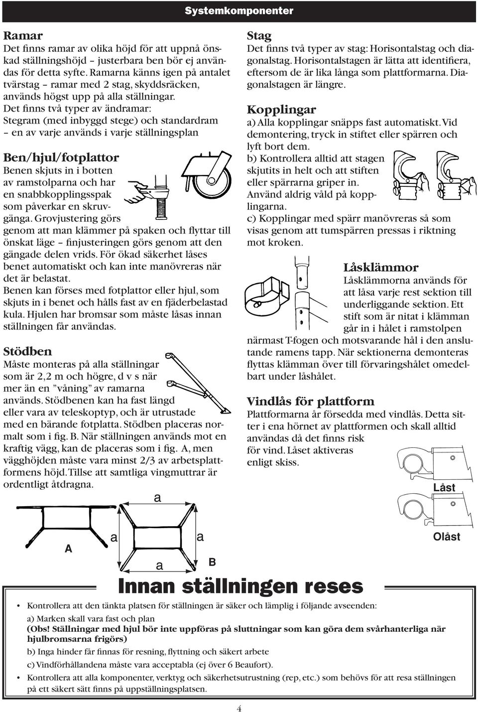 Det finns två typer av ändramar: Stegram (med inbyggd stege) och standardram en av varje används i varje ställningsplan Ben/hjul/fotplattor Benen skjuts in i botten av ramstolparna och har en