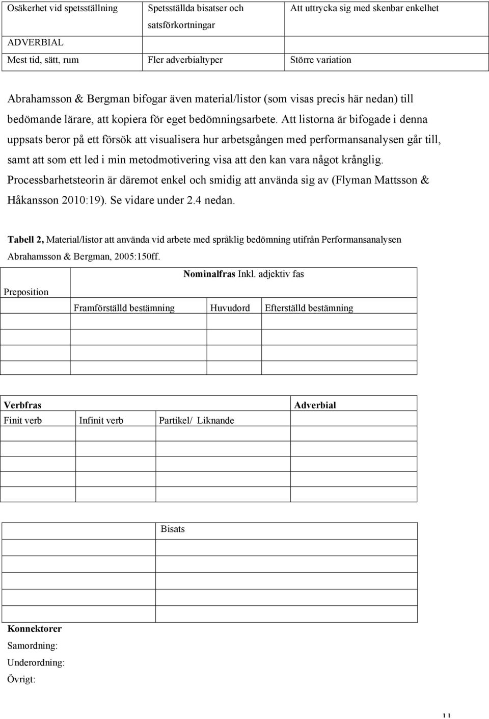 Att listorna är bifogade i denna uppsats beror på ett försök att visualisera hur arbetsgången med performansanalysen går till, samt att som ett led i min metodmotivering visa att den kan vara något