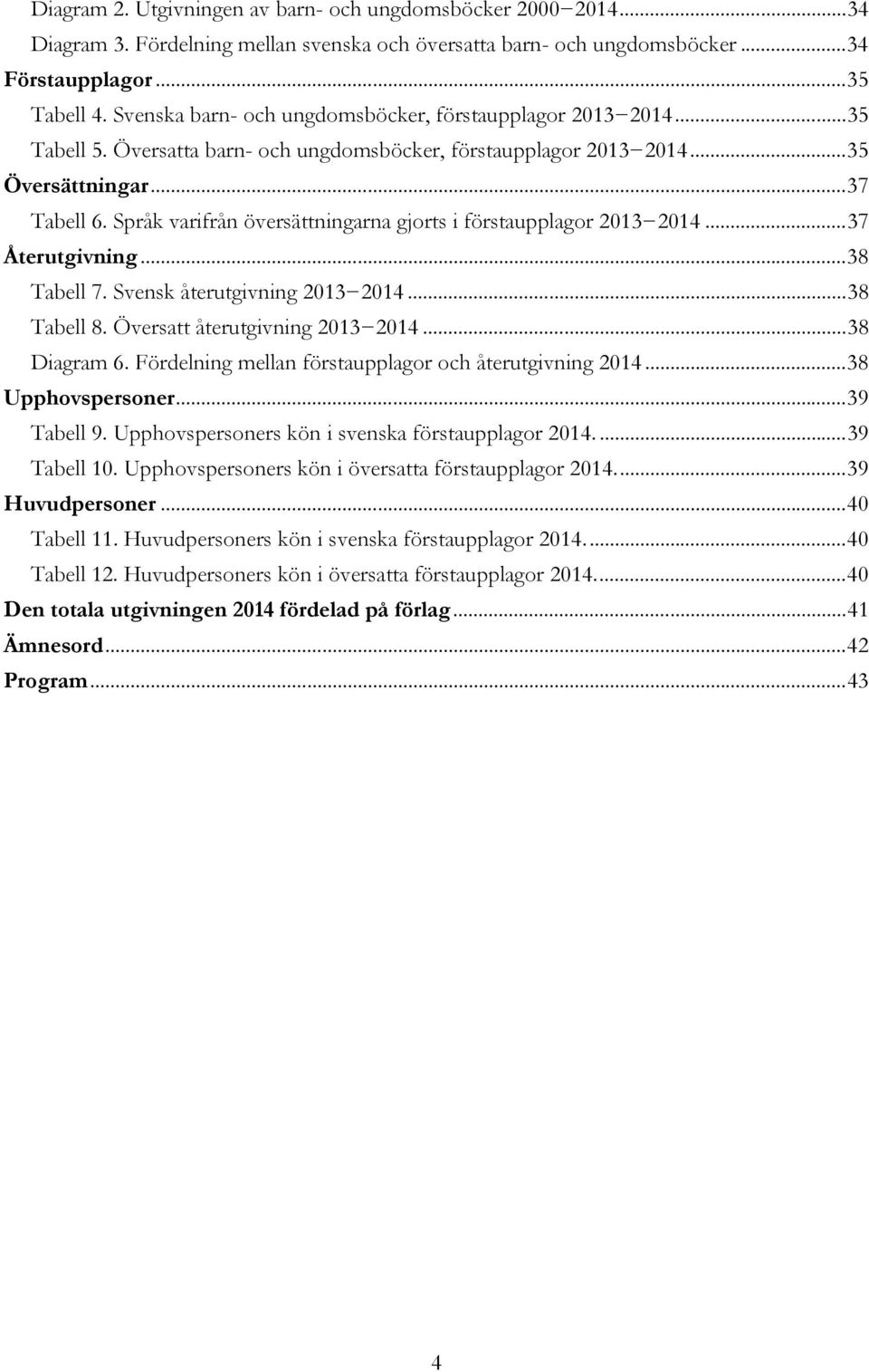 Språk varifrån översättningarna gjorts i förstaupplagor 2013 2014... 37 Återutgivning... 38 Tabell 7. Svensk återutgivning 2013 2014... 38 Tabell 8. Översatt återutgivning 2013 2014... 38 Diagram 6.