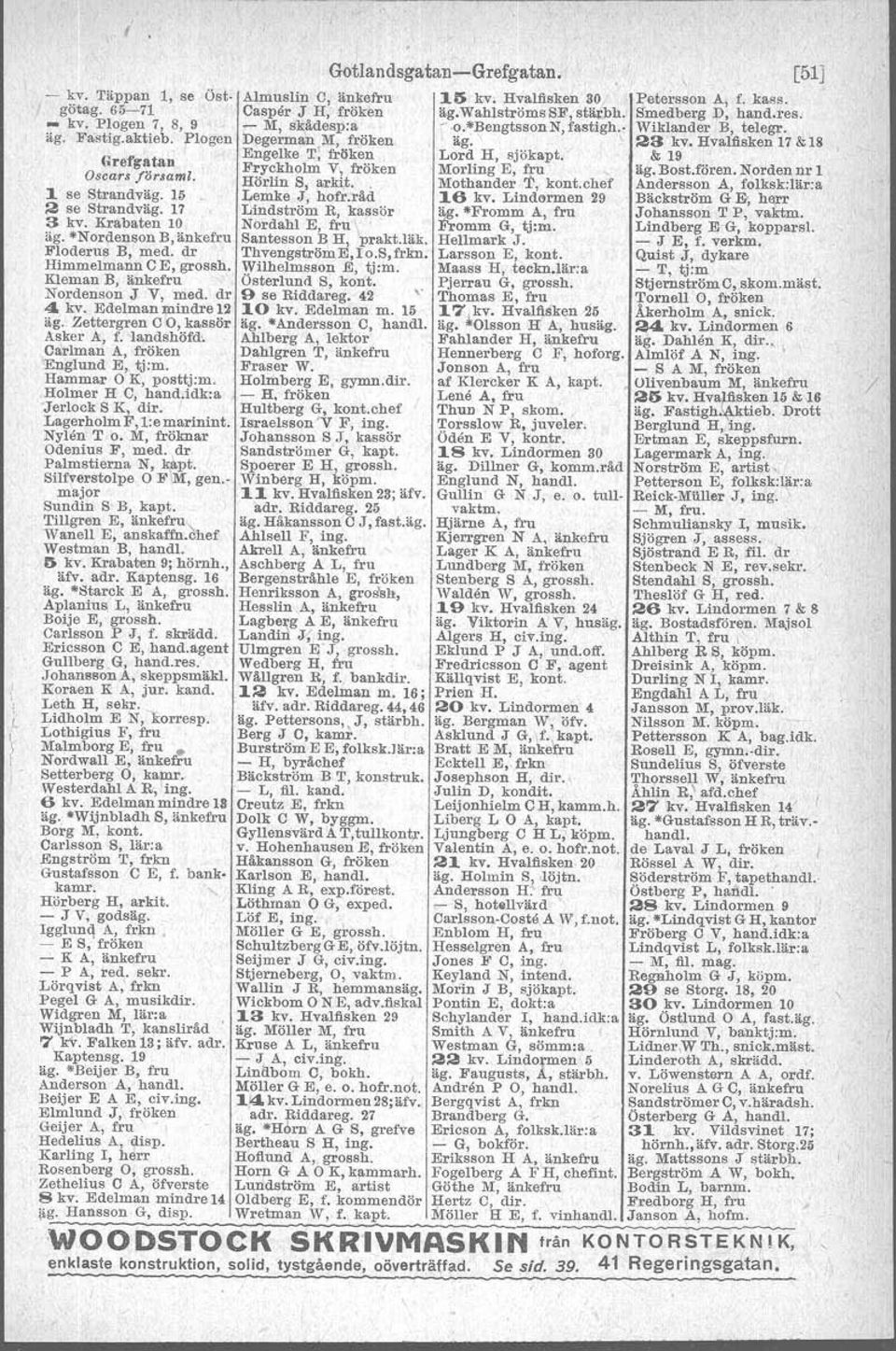 \ 23 kv, Hvalfisken 17&18 Engelke T; fröken Lord H, sjbkapt,." & 19 Grefgatan Fryckholm V, fröken Morling E, fru äg.bost.fören.nordennrl Oscars lör.saml. Hörlin S, arkit.. Mothander T, kont.