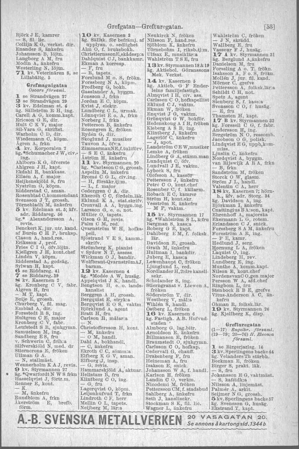 bankkamr. Wahlström T S E, fru Modin A, änkefru Ekman A korresp. 13kv.Styrmannen18&19 Westerling N, löjtn. 71 kv. Veterinären - 8, se - F, fru R, tapets. äg. Aktiebol. Göranssons Mek. Verkst.