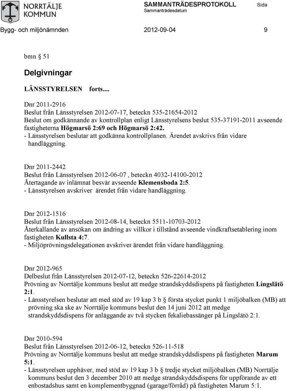 Ärendet avskrivs från vidare handläggning. Dnr 2011-2442 från Länsstyrelsen 2012-06-07, beteckn 4032-14100-2012 Återtagande av inlämnat besvär avseende Klemensboda 2:5.