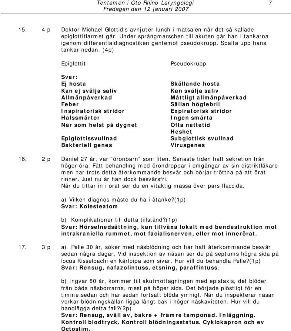 (4p) Epiglottit Svar: Ej hosta Kan ej svälja saliv Allmänpåverkad Feber Inspiratorisk stridor Halssmärtor När som helst på dygnet Epiglottissvullnad Bakteriell genes Pseudokrupp Skällande hosta Kan