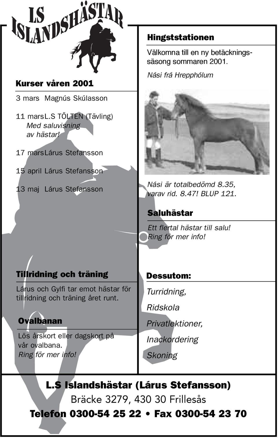 Saluhästar Ett flertal hästar till salu! Ring för mer info! Tillridning och träning Lárus och Gylfi tar emot hästar för tillridning och träning året runt.