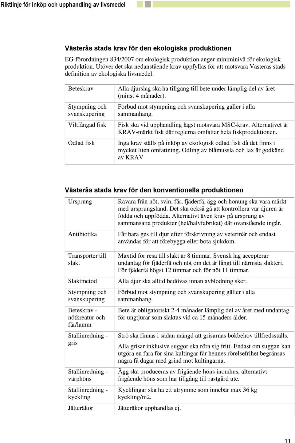 Beteskrav Stympning och svanskupering Viltfångad fisk Odlad fisk Alla djurslag ska ha tillgång till bete under lämplig del av året (minst 4 månader).