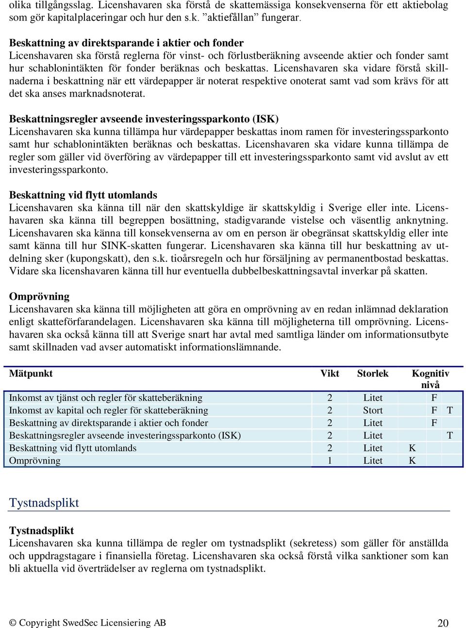 beskattas. Licenshavaren ska vidare förstå skillnaderna i beskattning när ett värdepapper är noterat respektive onoterat samt vad som krävs för att det ska anses marknadsnoterat.