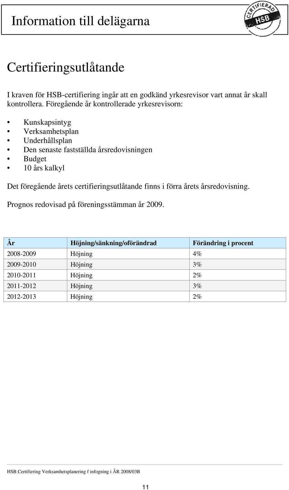 föregående årets certifieringsutlåtande finns i förra årets årsredovisning. Prognos redovisad på föreningsstämman år 2009.