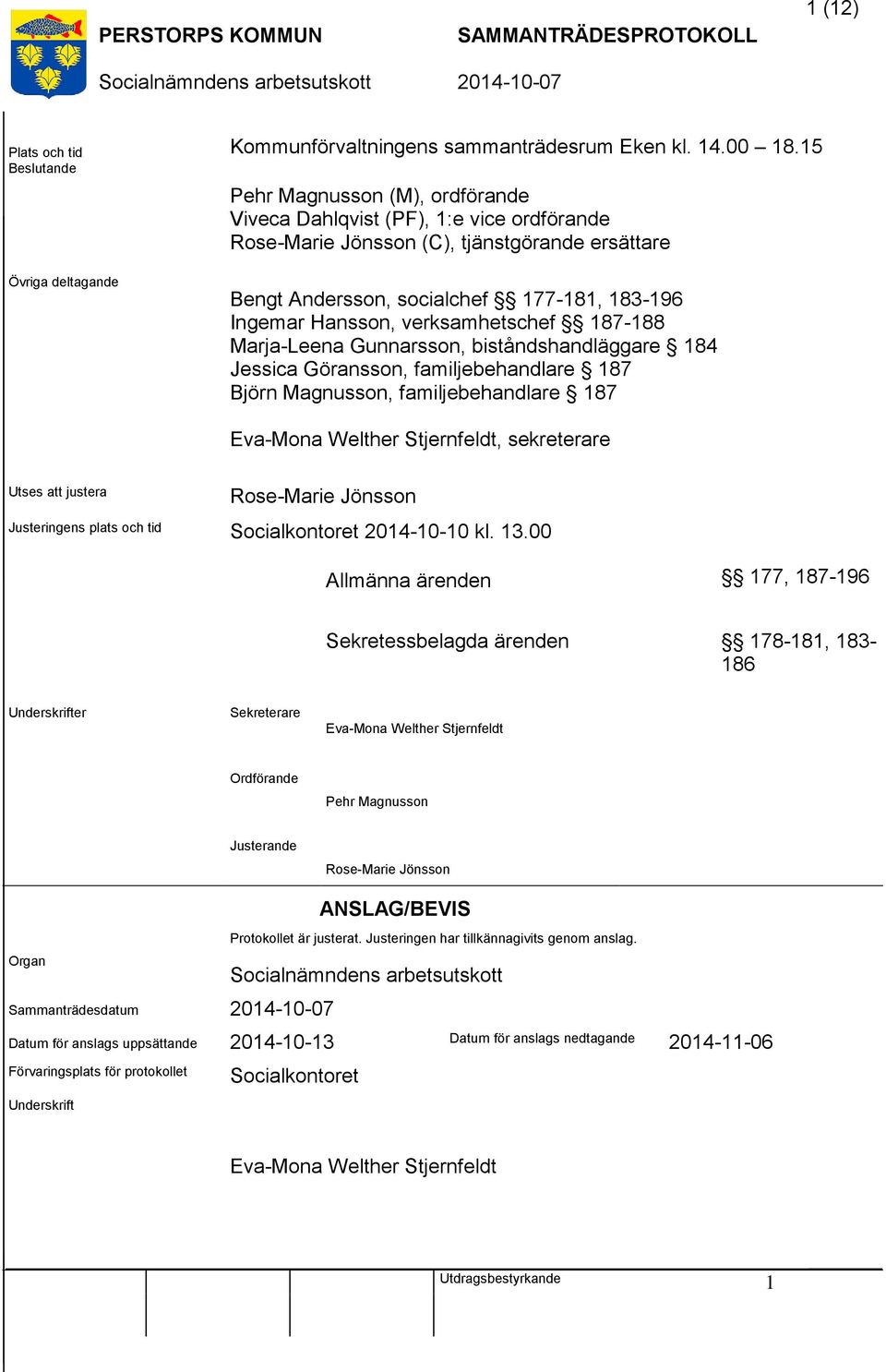 Ingemar Hansson, verksamhetschef 187-188 Marja-Leena Gunnarsson, biståndshandläggare 184 Jessica Göransson, familjebehandlare 187 Björn Magnusson, familjebehandlare 187 Eva-Mona Welther Stjernfeldt,