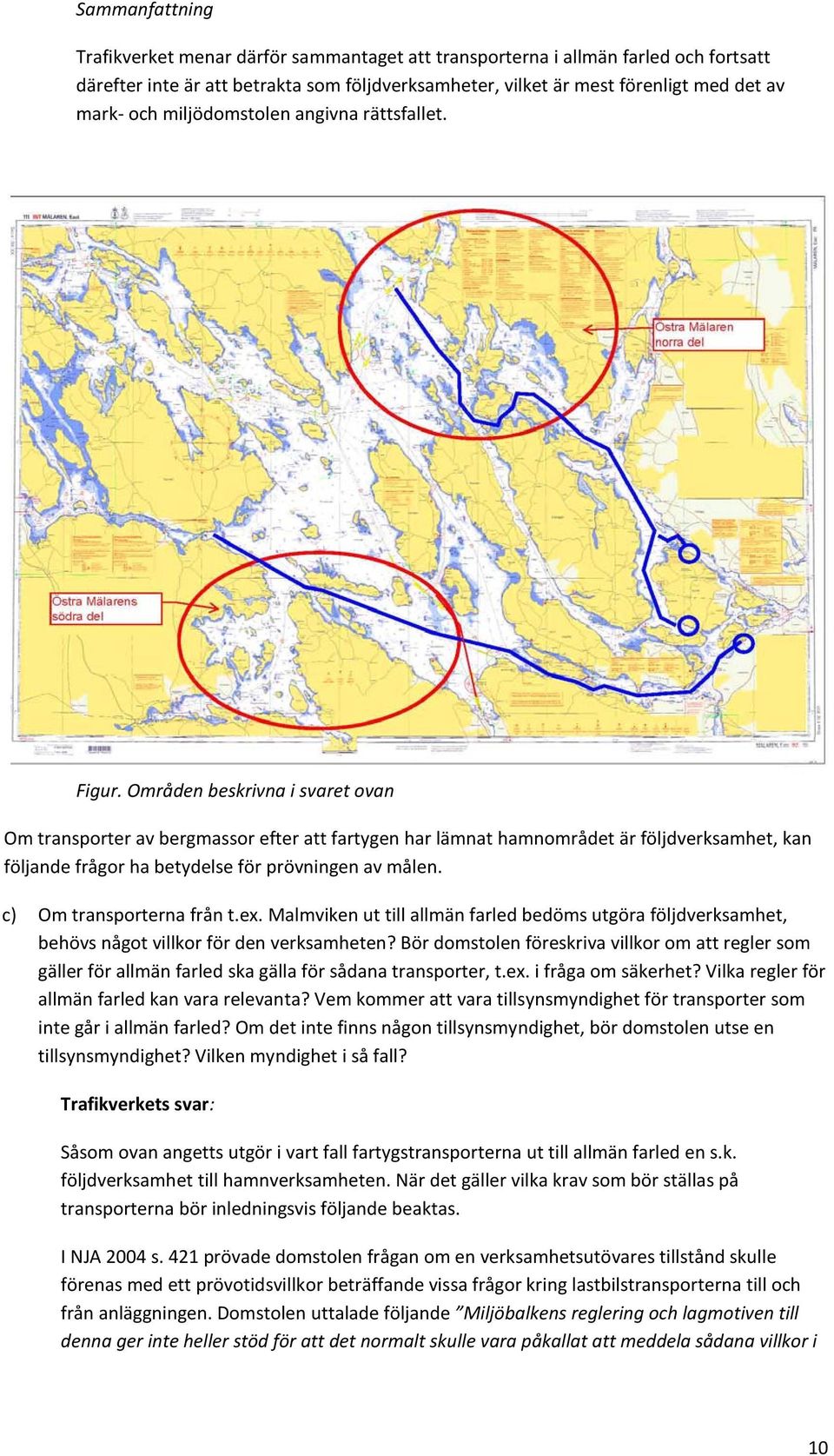 Områden beskrivna i svaret ovan Om transporter av bergmassor efter att fartygen har lämnat hamnområdet är följdverksamhet, kan följande frågor ha betydelse för prövningen av målen.