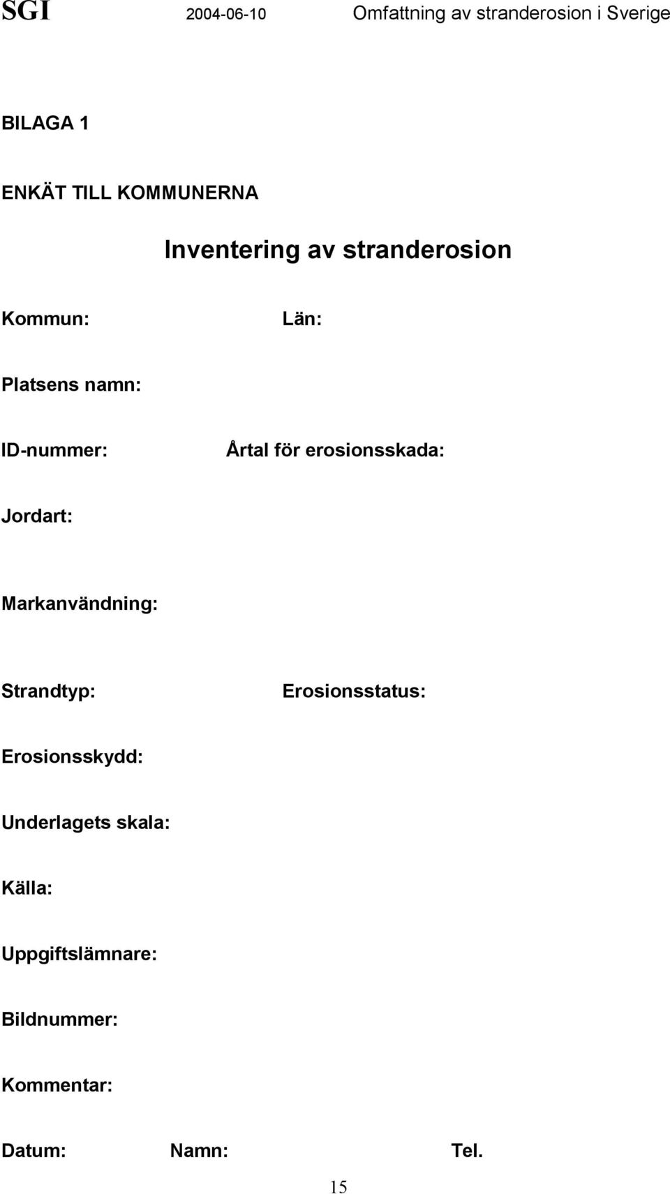 Markanvändning: Strandtyp: Erosionsstatus: Erosionsskydd: Underlagets