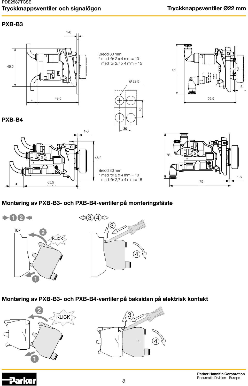 rör 2 x 4 mm = 10 med rör 2,7 x 4 mm = 15 75 1-6 Montering av PXB-B3- och PXB-B4-ventiler på