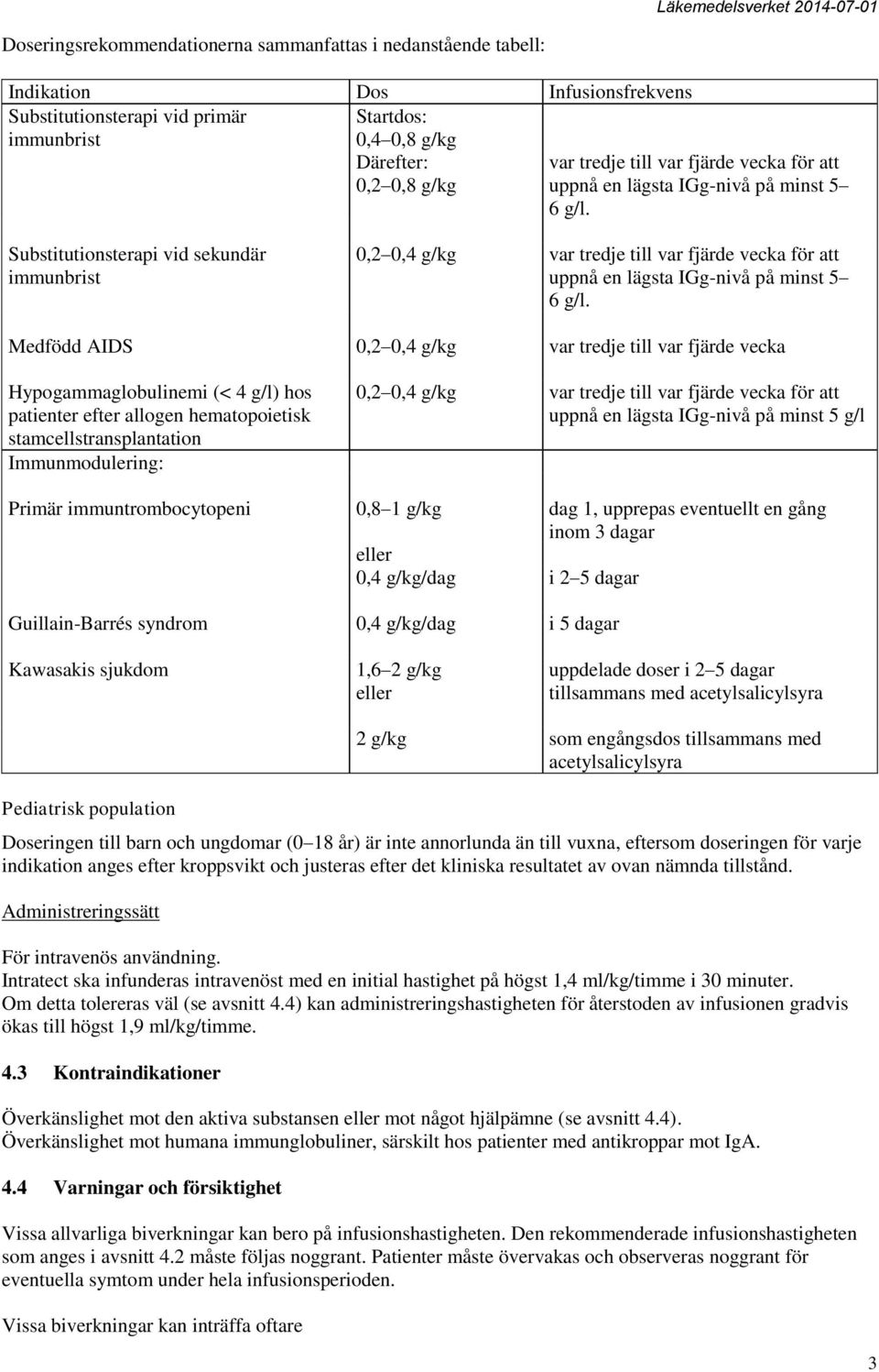 Substitutionsterapi vid sekundär immunbrist 0,2 0,4 g/kg var tredje  Medfödd AIDS 0,2 0,4 g/kg var tredje till var fjärde vecka Hypogammaglobulinemi (< 4 g/l) hos patienter efter allogen