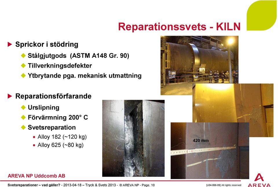 mekanisk utmattning Reparationsförfarande Urslipning Förvärmning 200 C