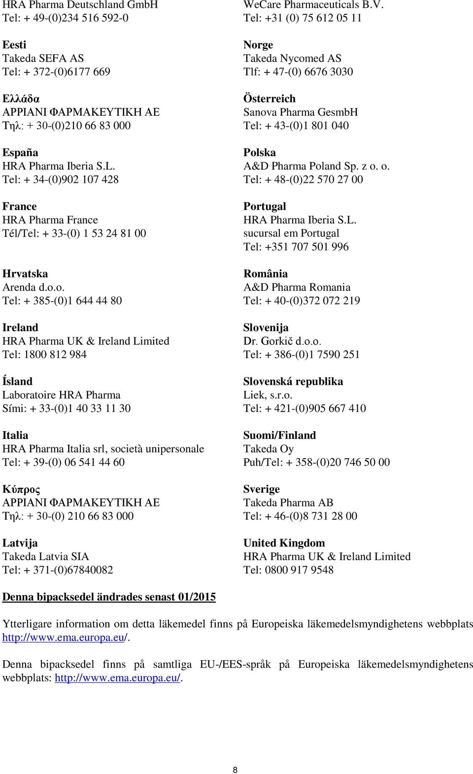 o. Tel: + 385-(0)1 644 44 80 Ireland HRA Pharma UK & Ireland Limited Tel: 1800 812 984 Ísland Sími: + 33-(0)1 40 33 11 30 Italia HRA Pharma Italia srl, società unipersonale Tel: + 39-(0) 06 541 44 60