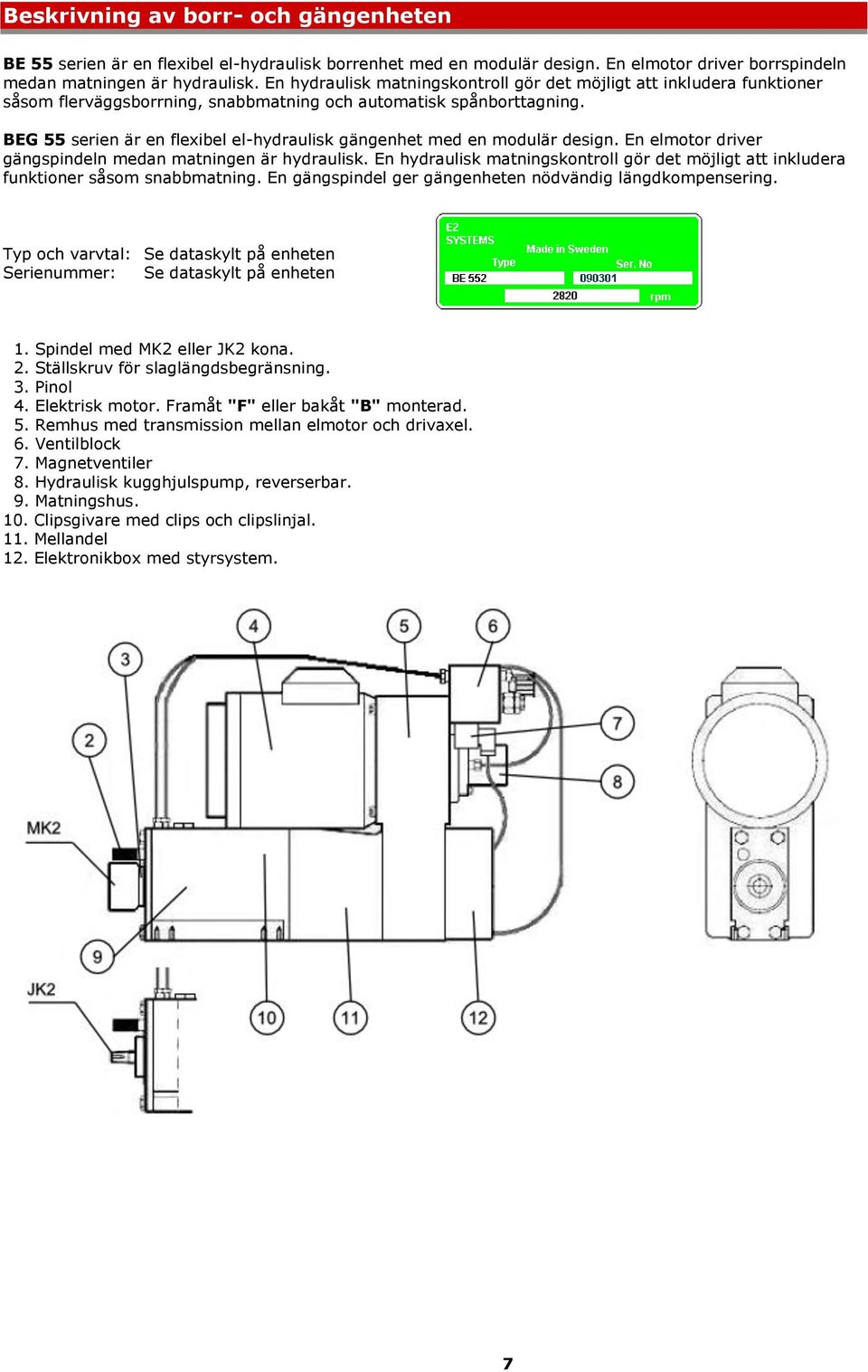 BEG 55 serien är en flexibel el-hydraulisk gängenhet med en modulär design. En elmotor driver gängspindeln medan matningen är hydraulisk.