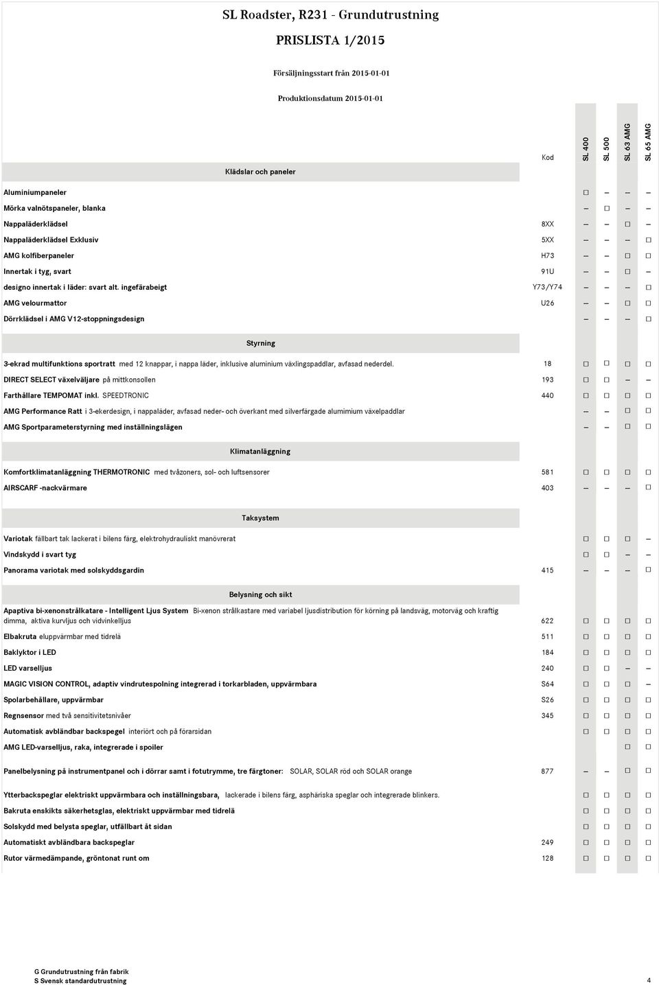 ingefärabeigt Y73/Y74 -- -- -- AMG velourmattor U26 -- -- Dörrklädsel i AMG V12-stoppningsdesign -- -- -- Styrning 3-ekrad multifunktions sportratt med 12 knappar, i nappa läder, inklusive aluminium