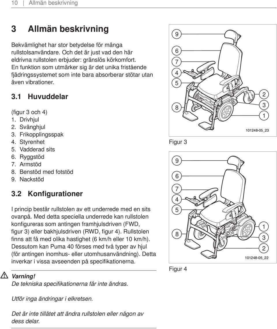 Frikopplingsspak 4. Styrenhet 5. Vadderad sits 6. Ryggstöd 7. Armstöd 8. Benstöd med fotstöd 9. Nackstöd 3.2 Konfigurationer I princip består rullstolen av ett underrede med en sits ovanpå.