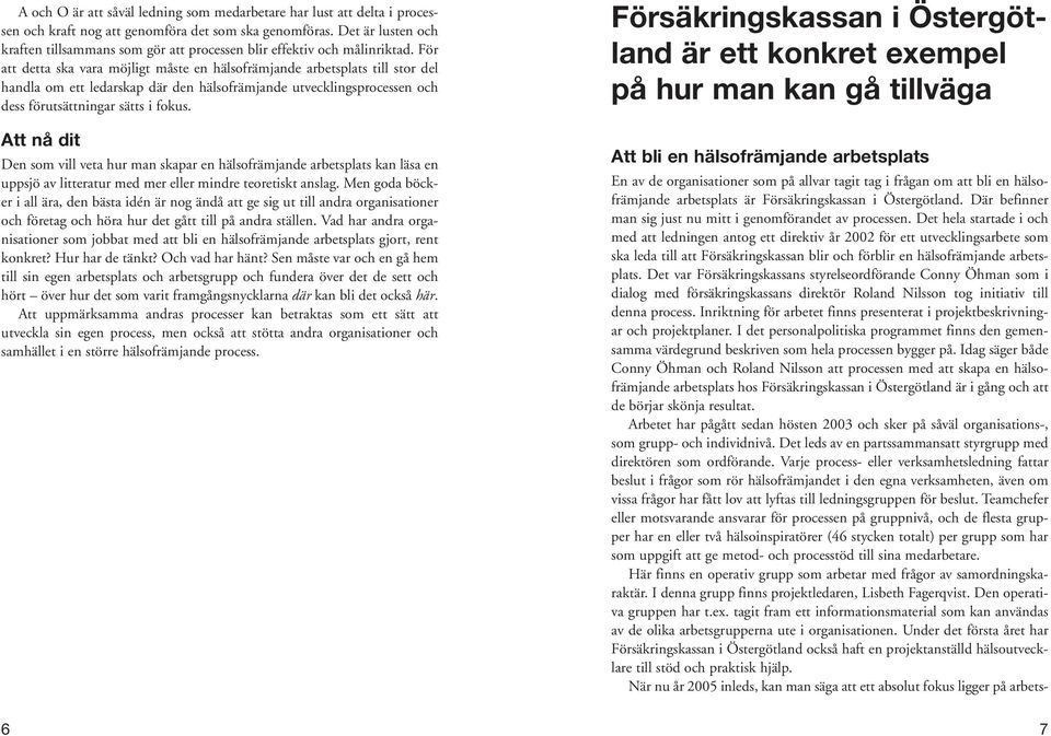 För att detta ska vara möjligt måste en hälsofrämjande arbetsplats till stor del handla om ett ledarskap där den hälsofrämjande utvecklingsprocessen och dess förutsättningar sätts i fokus.