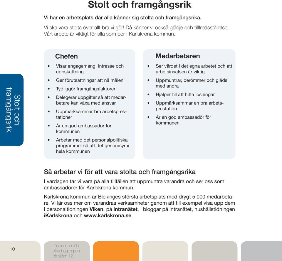 Stolt och framgångsrik Chefen Visar engagemang, intresse och uppskattning Ger förutsättningar att nå målen Tydliggör framgångsfaktorer Delegerar uppgifter så att medarbetare kan växa med ansvar