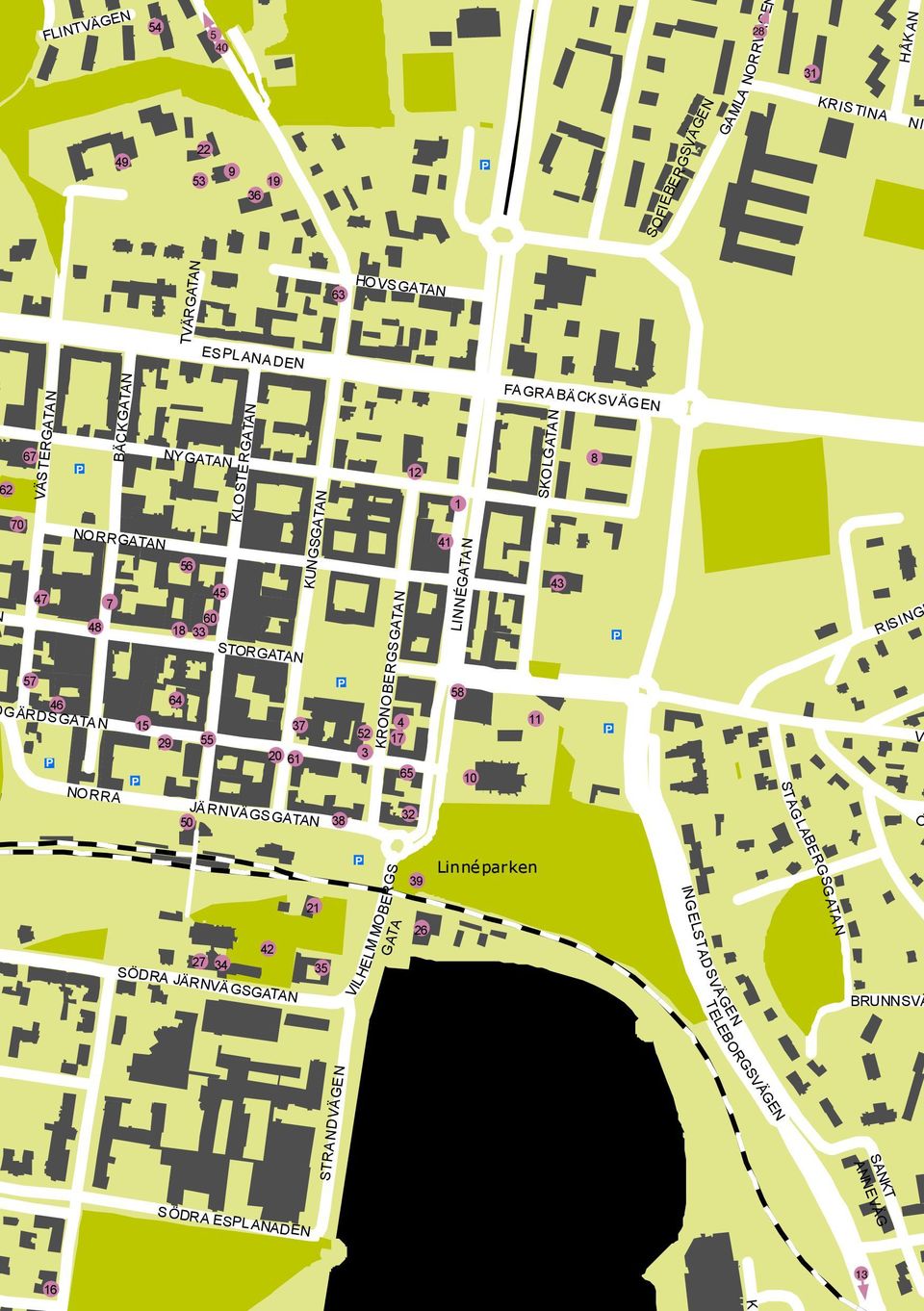 KRONOBERGSGATAN VI SKOLGATAN HOVSGATAN K FAGRABÄCKSVÄGEN VILHELM MOBERGS GATA SANKT ANNEVÄG BRUNNSVÄ FLINTVÄGEN TVÄRGATAN SOFIEBERGSVÄGEN P P P P P P P P