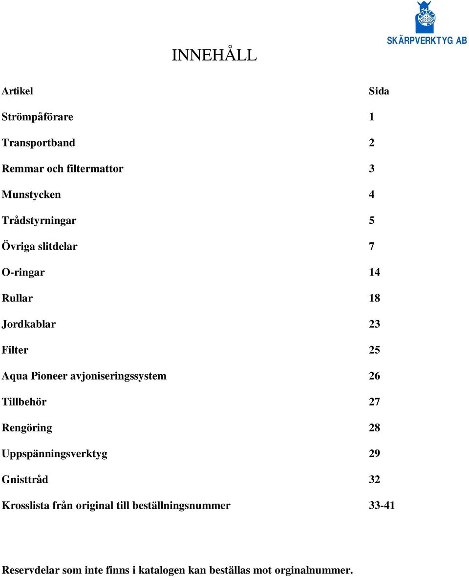 avjoniseringssystem 26 Tillbehör 27 Rengöring 28 Uppspänningsverktyg 29 Gnisttråd 32 Krosslista