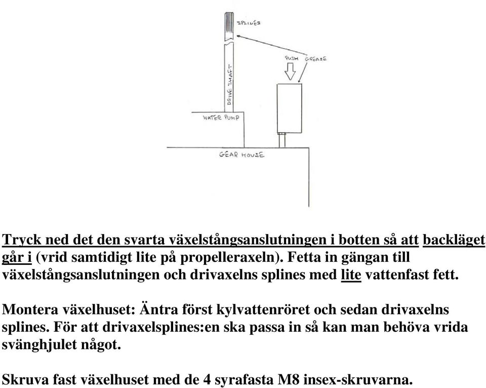 Montera växelhuset: Äntra först kylvattenröret och sedan drivaxelns splines.