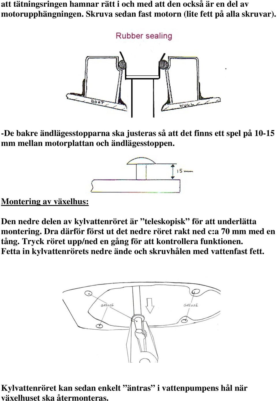 Montering av växelhus: Den nedre delen av kylvattenröret är teleskopisk för att underlätta montering.