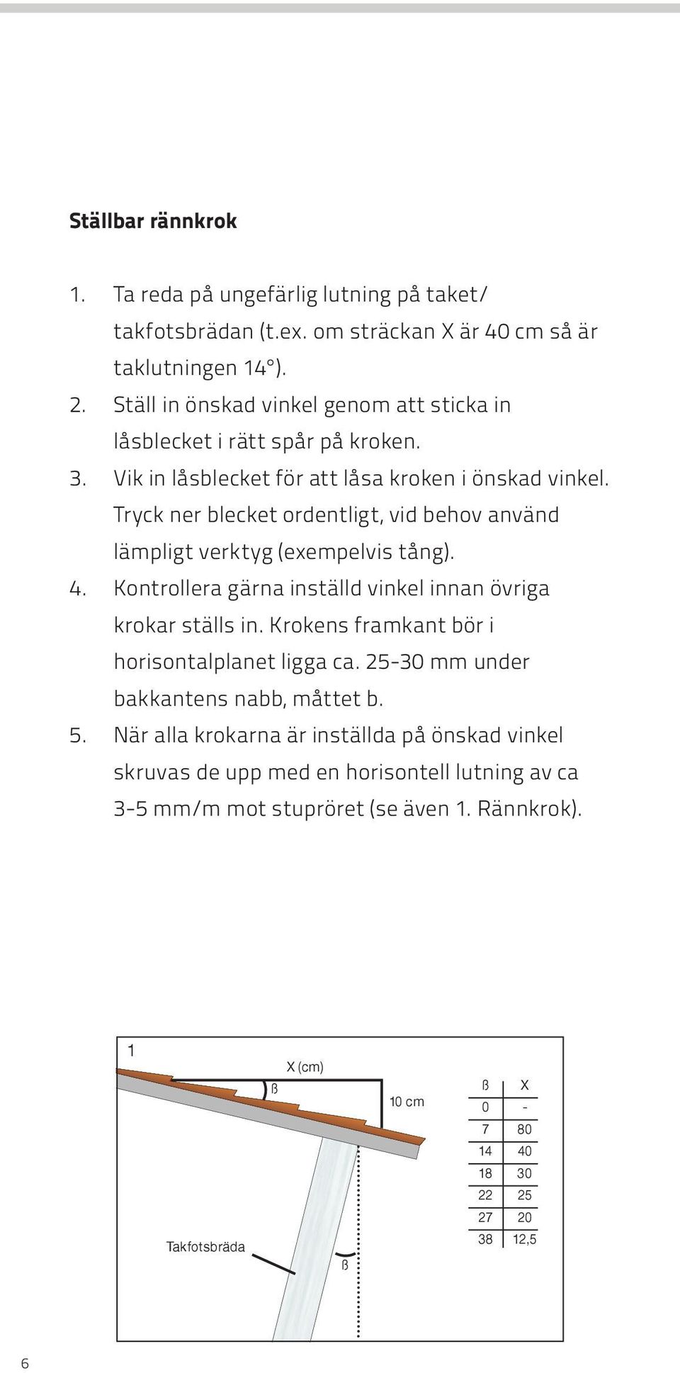 Tryck ner blecket ordentligt, vid behov använd lämpligt verktyg (exempelvis tång). 4. Kontrollera gärna inställd vinkel innan övriga krokar ställs in.