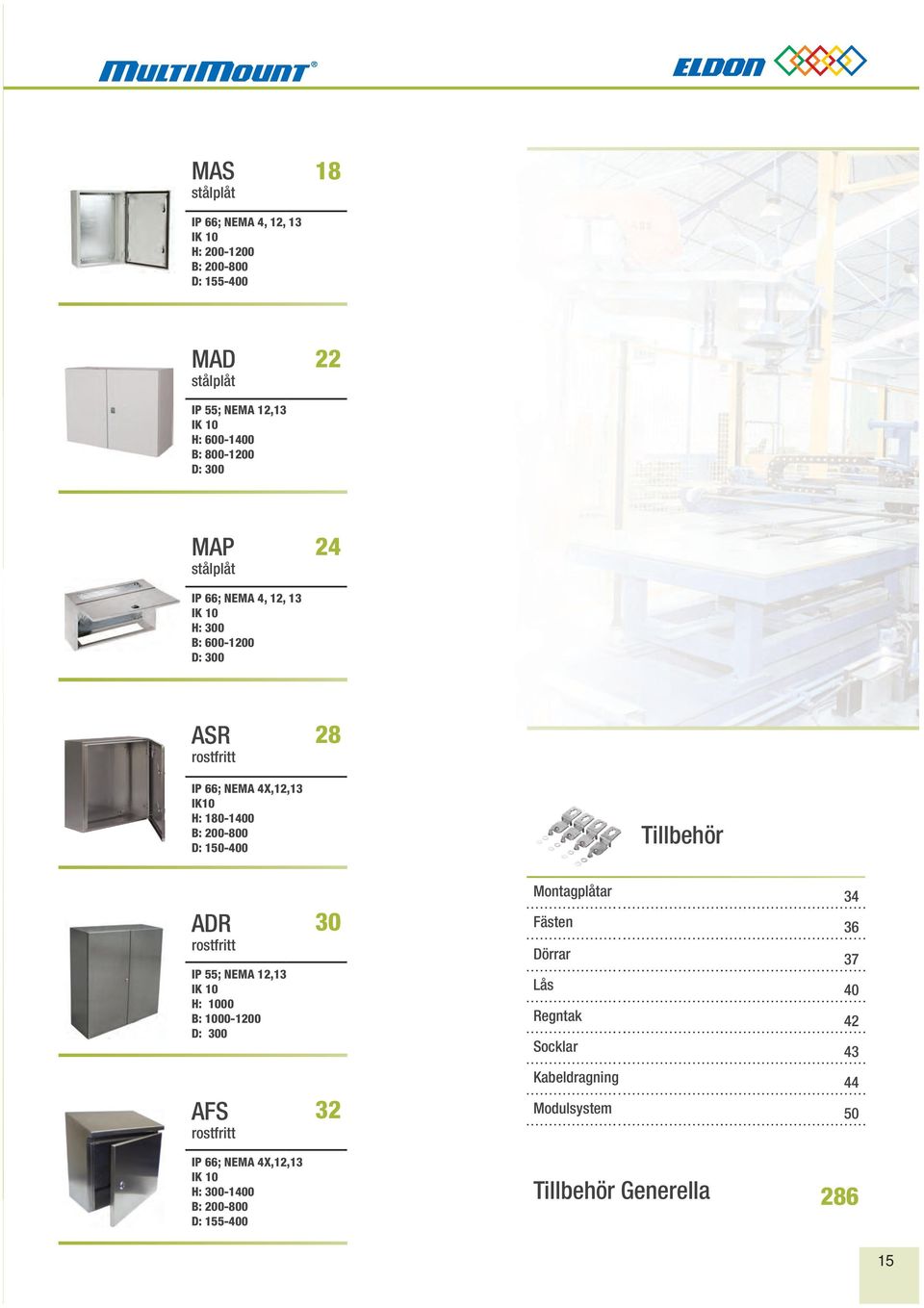 150-400 Tillbehör ADR rostfritt IP 55; NEMA 12,13 IK 10 H: 1000 : 1000-1200 D: 300 30 Montagplåtar Fästen Dörrar Lås Regntak Socklar 34 36 37