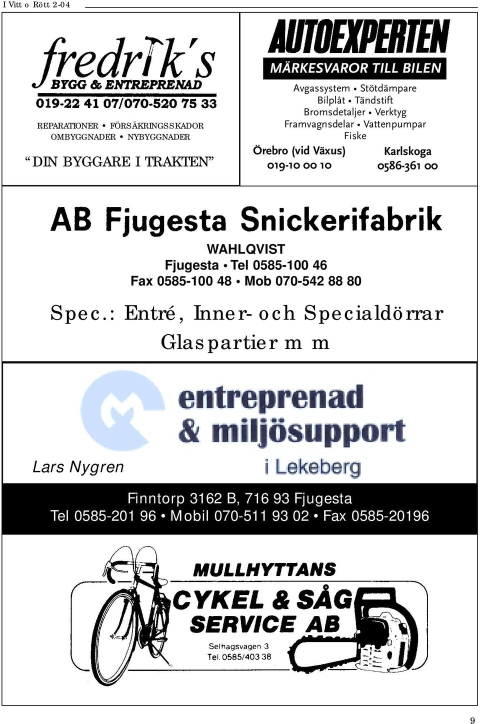 Karlskoga 0586-361 00 WAHLQVIST Fjugesta Tel 0585-100 46 Fax 0585-100 48 Mob 070-542 88 80 Spec.