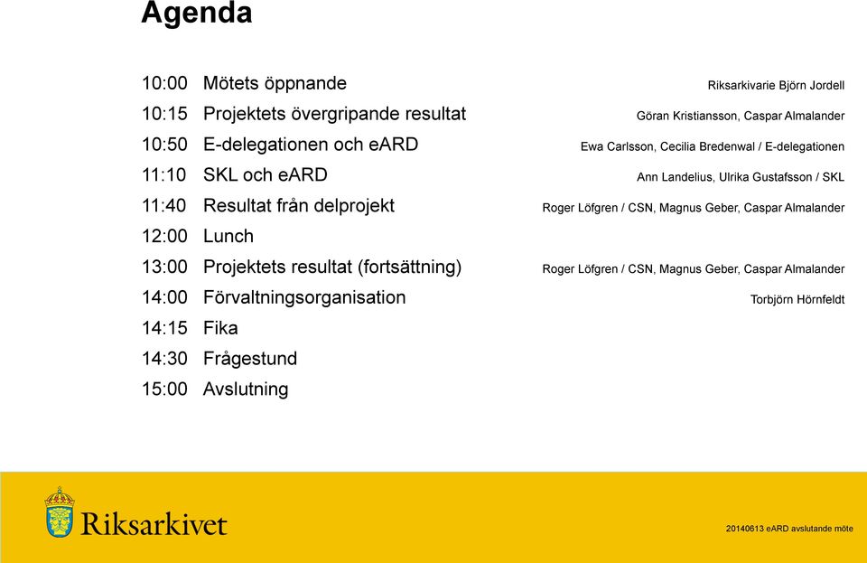 11:40 Resultat från delprojekt Roger Löfgren / CSN, Magnus Geber, Caspar Almalander 12:00 Lunch 13:00 Projektets resultat (fortsättning)