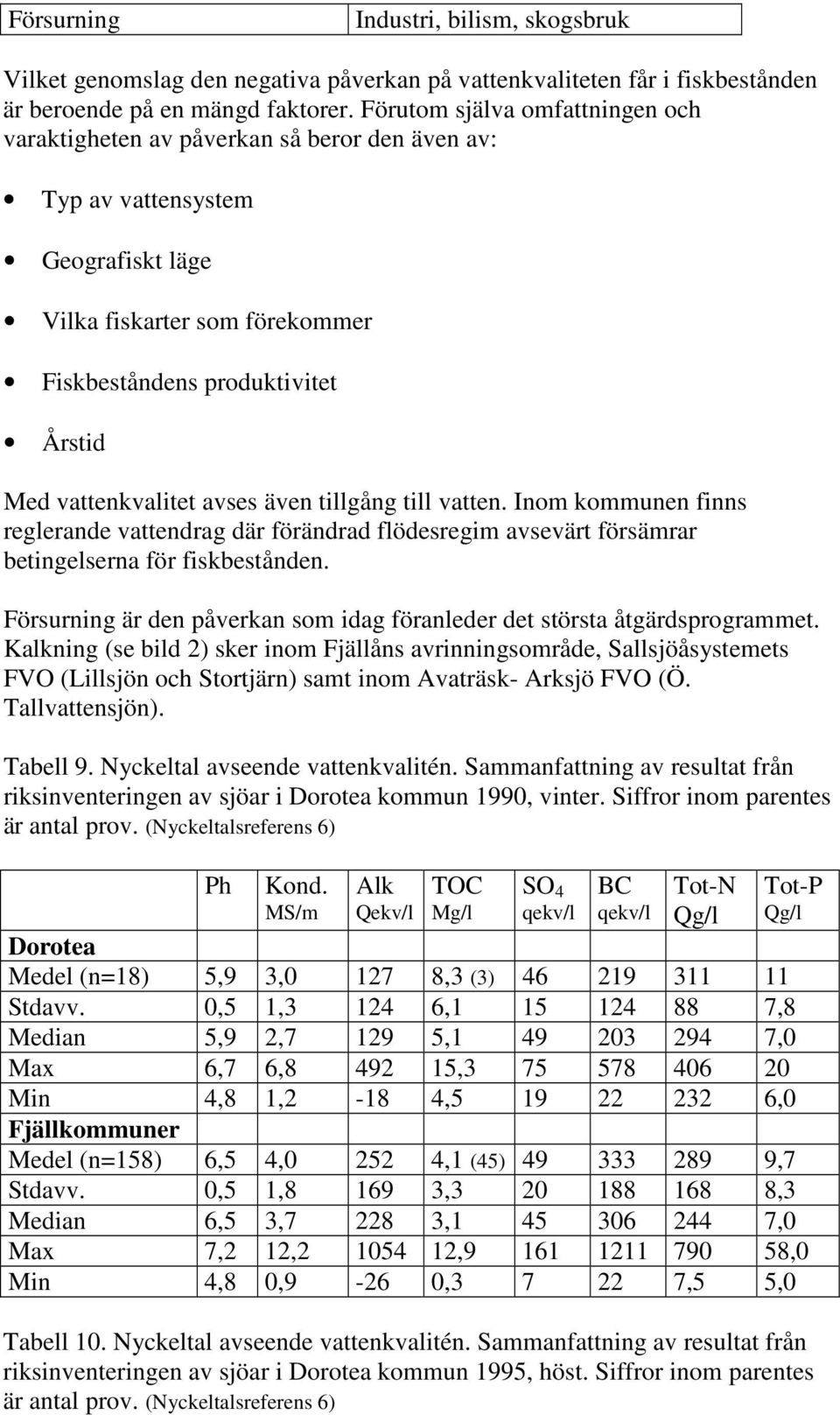 vattenkvalitet avses även tillgång till vatten. Inom kommunen finns reglerande vattendrag där förändrad flödesregim avsevärt försämrar betingelserna för fiskbestånden.