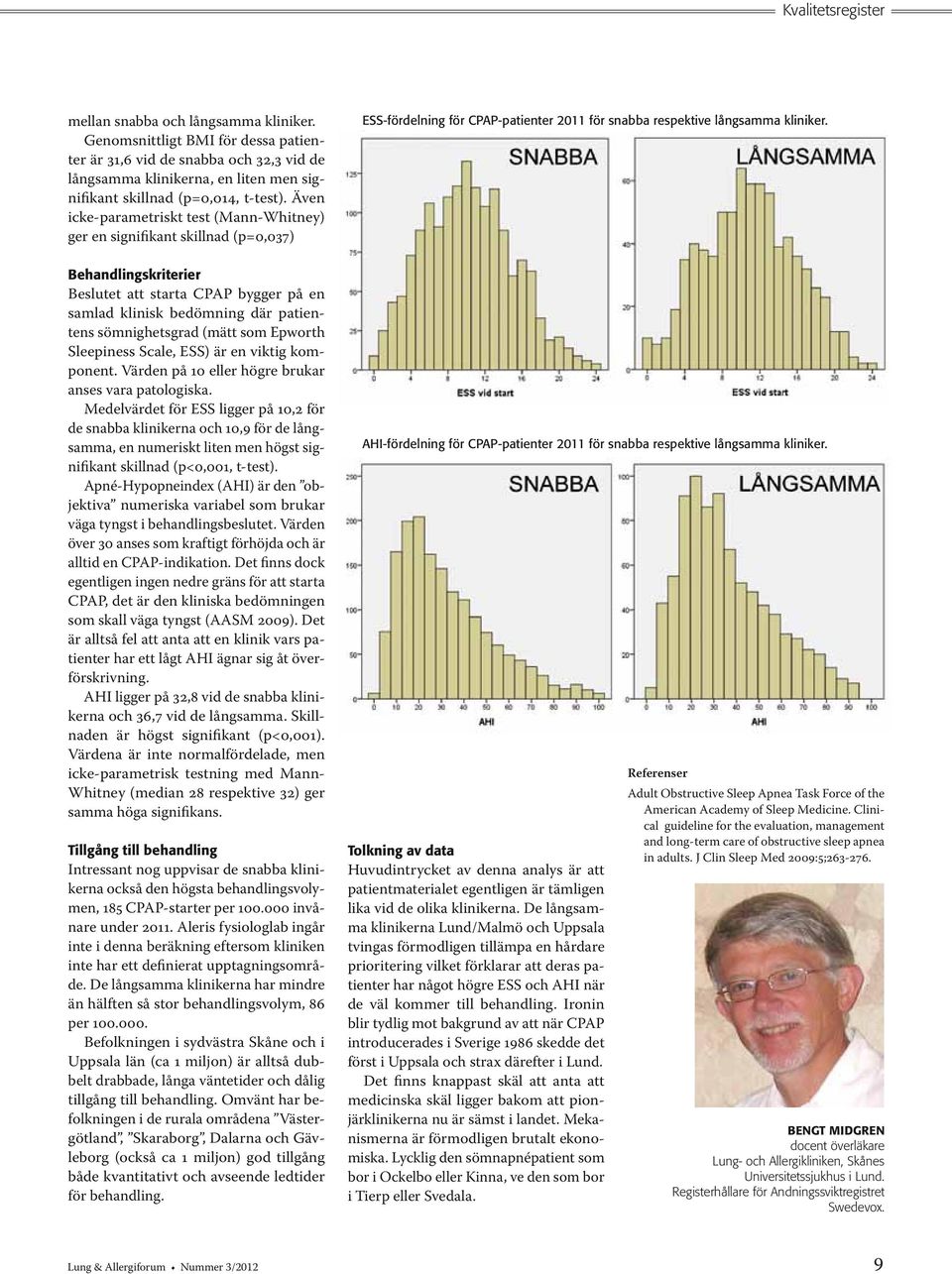 Även icke-parametriskt test (Mann-Whitney) ger en signifikant skillnad (p=0,037) ESS-fördelning för CPAP-patienter 2011 för snabba respektive långsamma kliniker.