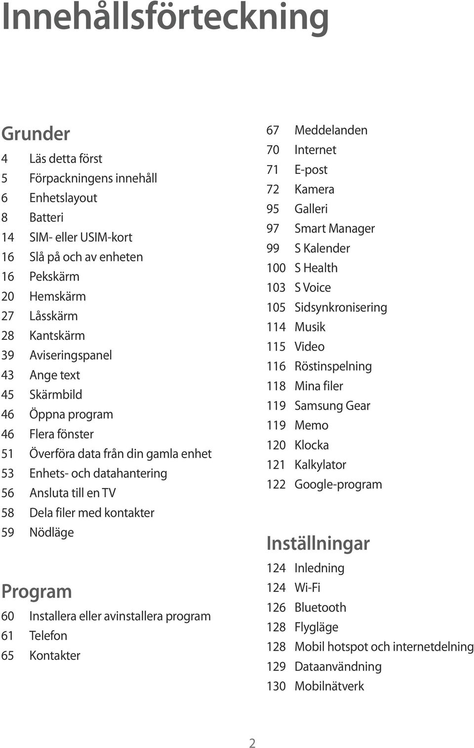 Nödläge Program 60 Installera eller avinstallera program 61 Telefon 65 Kontakter 67 Meddelanden 70 Internet 71 E-post 72 Kamera 95 Galleri 97 Smart Manager 99 S Kalender 100 S Health 103 S Voice 105