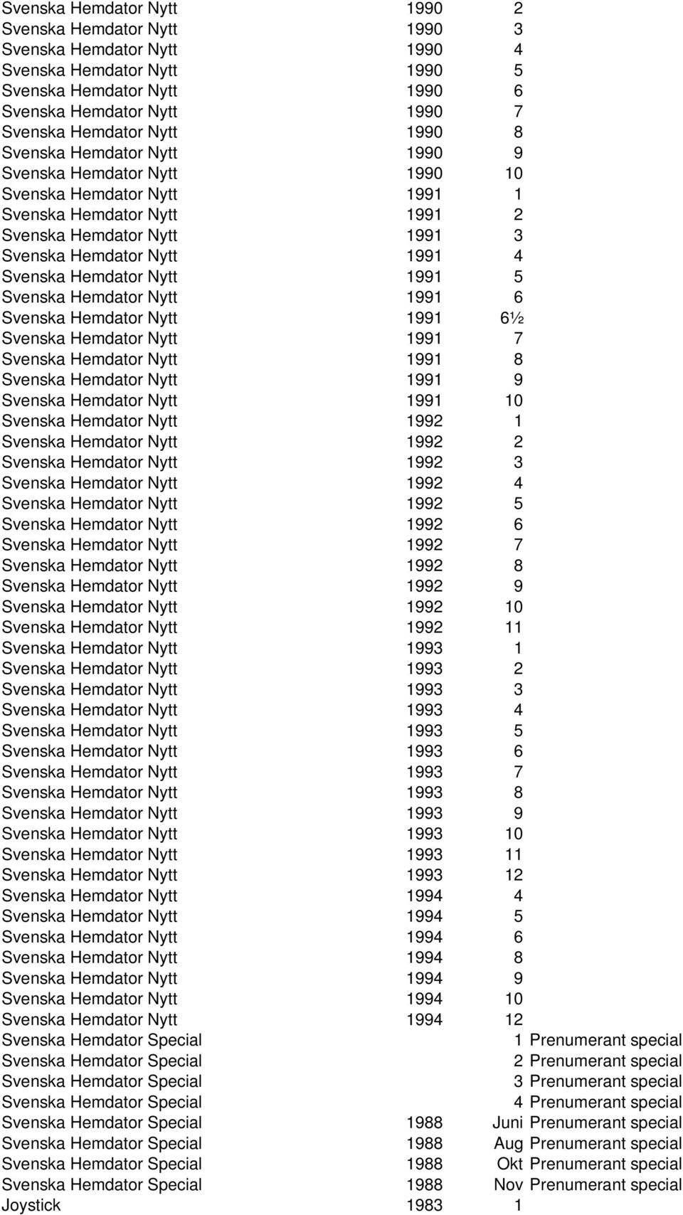 Nytt 1991 5 Svenska Hemdator Nytt 1991 6 Svenska Hemdator Nytt 1991 6½ Svenska Hemdator Nytt 1991 7 Svenska Hemdator Nytt 1991 8 Svenska Hemdator Nytt 1991 9 Svenska Hemdator Nytt 1991 10 Svenska